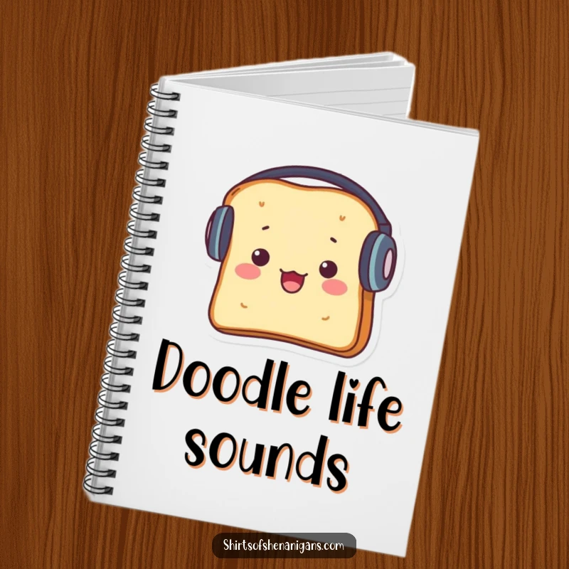 Funny notebook cover with a startled piece of toast wearing oversized headphones, a musical stationery item.