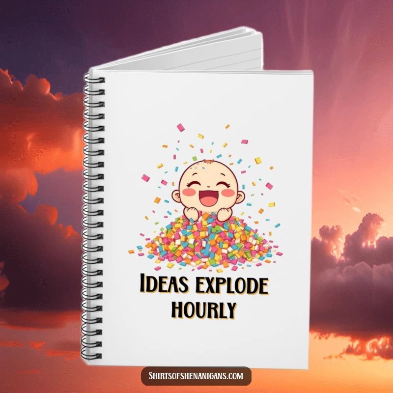 Funny Giggling Confetti Notebook with a joyful pile of confetti, perfect for planning events and a funny gift.