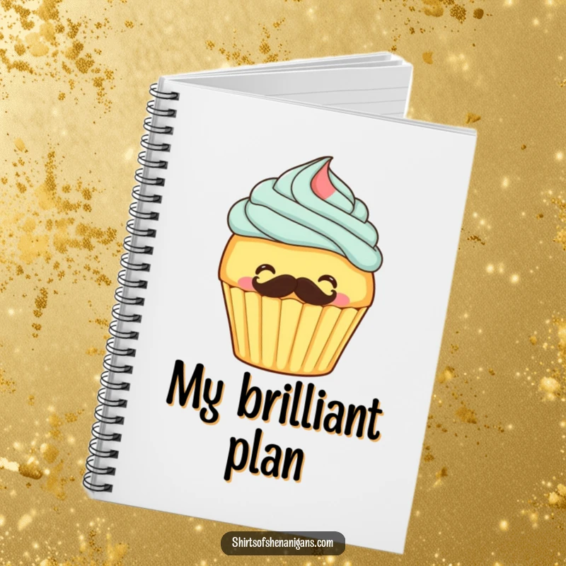 Funny notebook featuring a giggling cupcake frosting its own mustache, perfect for recipes and sweet thoughts.