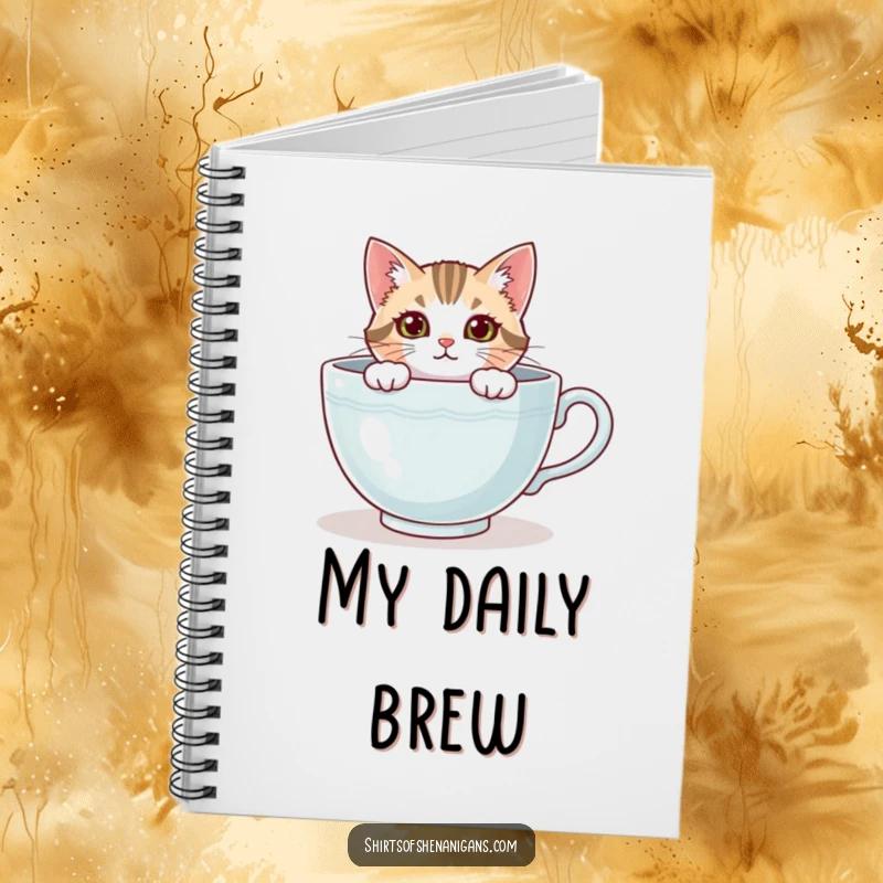 Funny cat notebook cover, a curious feline peeking from a teacup, ready for notes. A cute funny gift.
