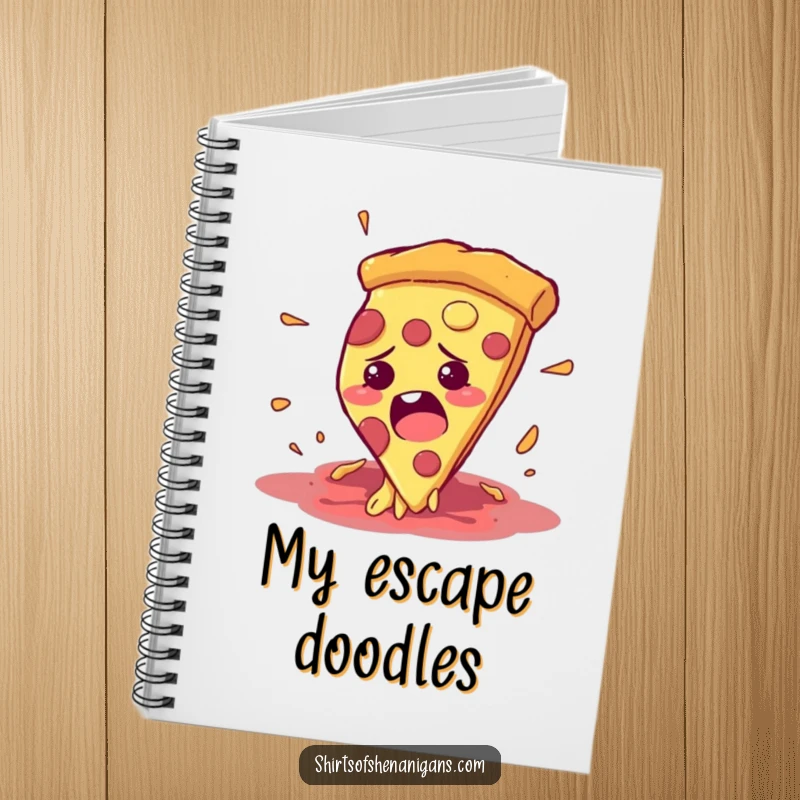 Funny notebook cover with a bewildered pizza slice escaping a hungry mouth, a humorous stationery item.
