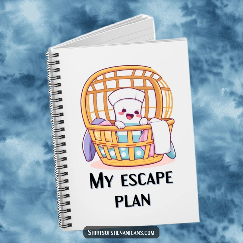 Funny notebook cover with a giggling sock trying to escape from a laundry basket.