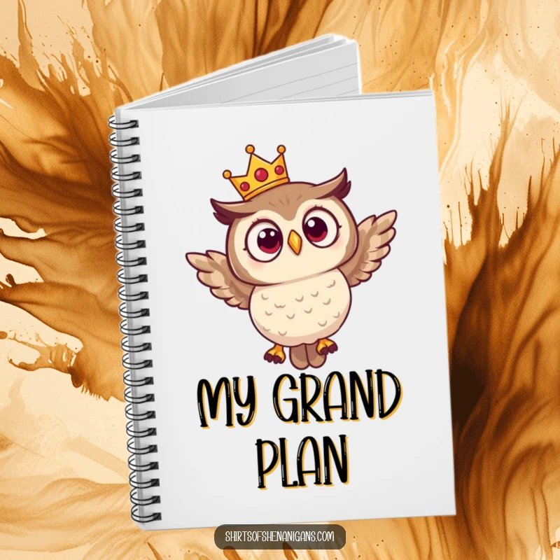 Funny notebook with a surprised owl wearing a crown, hilariously attempting to fly, perfect for jotting down ideas with humor.