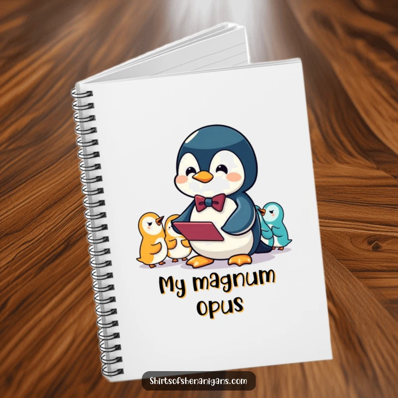 Funny notebook with a penguin wearing a bowtie conducting an orchestra of squeaks, inspiring creative writing.