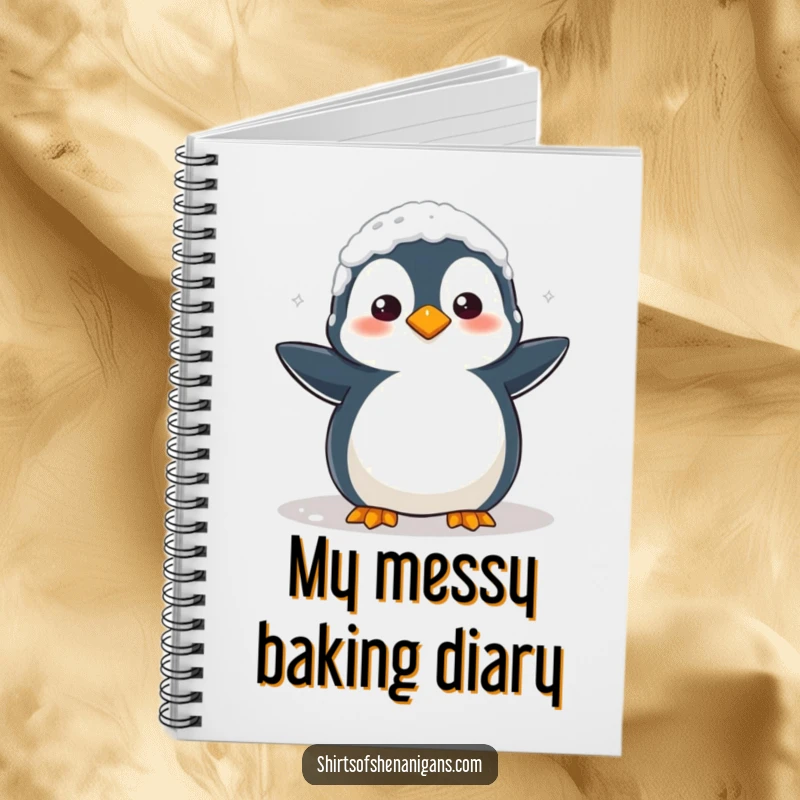 Funny Notebook: Clumsy penguin covered in flour looks confused, perfect for recipe writing and humorous notes.