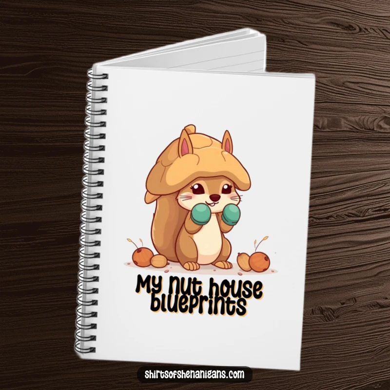 Funny squirrel notebook with a squirrel in mittens building a giant nut house, perfect for humorous journaling.