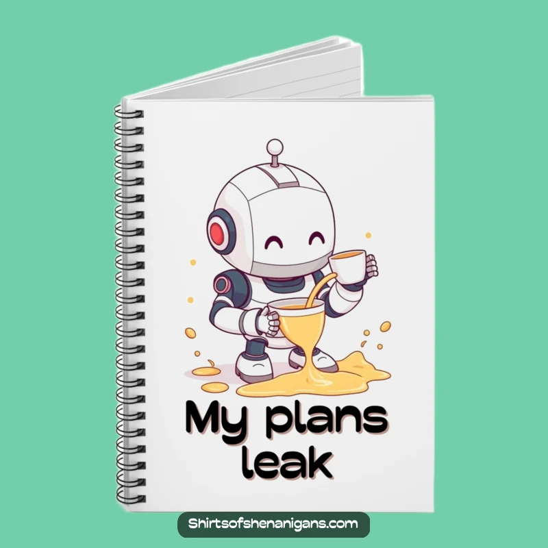 Funny Robot Tea Spill Notebook - Clumsy Bot & Shy Smile Journal Gift