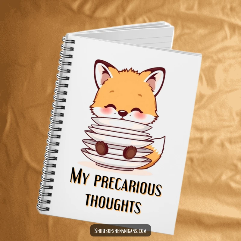 Funny Notebook: A cute fox cub balancing a stack of plates on its nose, perfect for note-taking with a charming animal theme.
