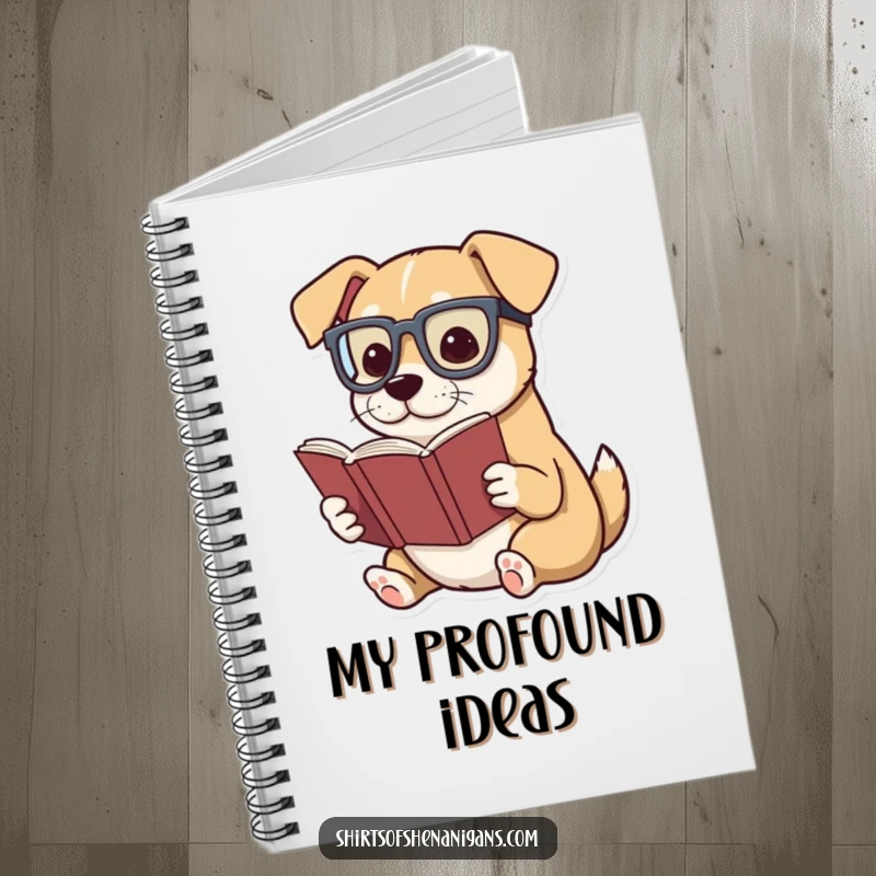 Funny notebook cover with a dog wearing glasses, dramatically reading a tiny book, literary journal.