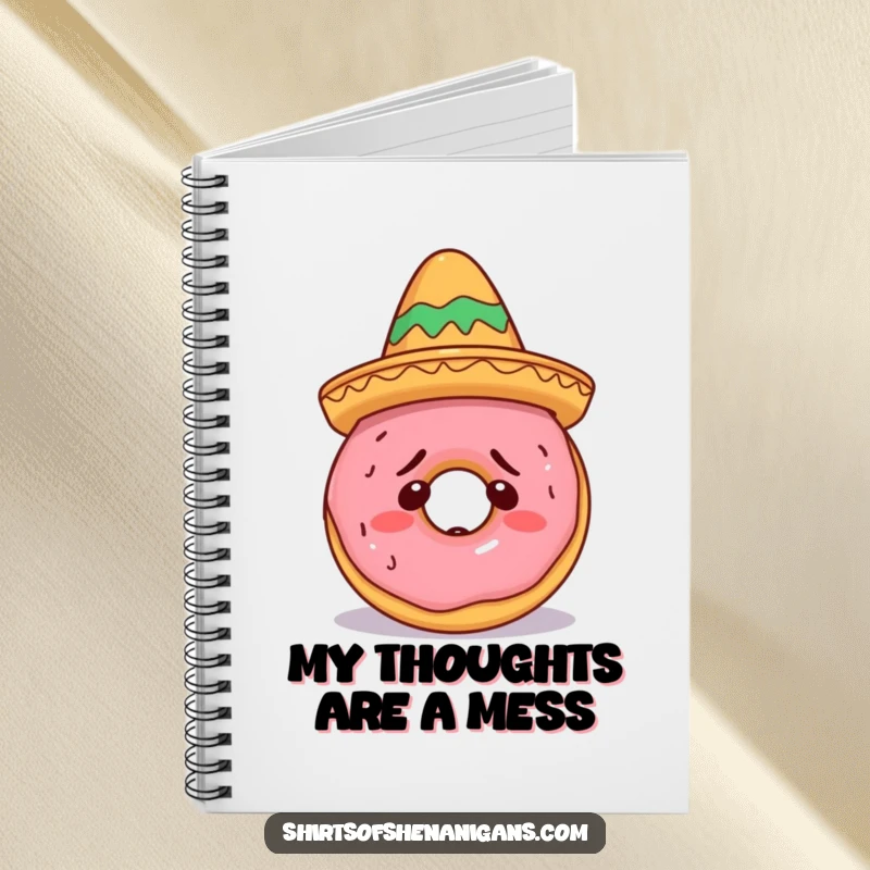 Funny Doughnut Sombrero Notebook with a confused doughnut wearing a miniature sombrero, perfect for notes and a funny gift.