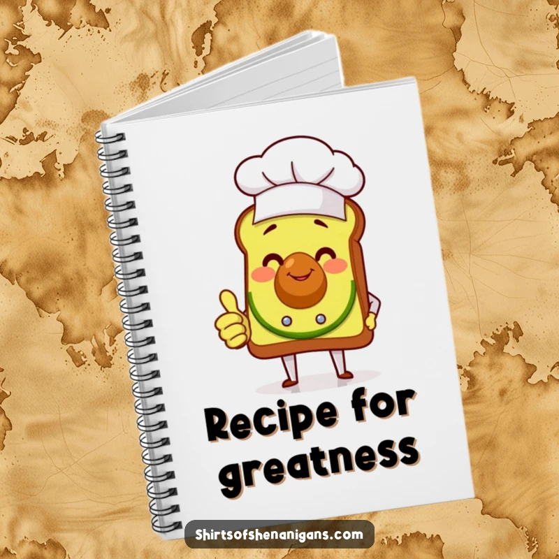 Funny smiling avocado toast chef giving a thumbs up on the cover of a lined notebook, ready for jotting down humorous thoughts.