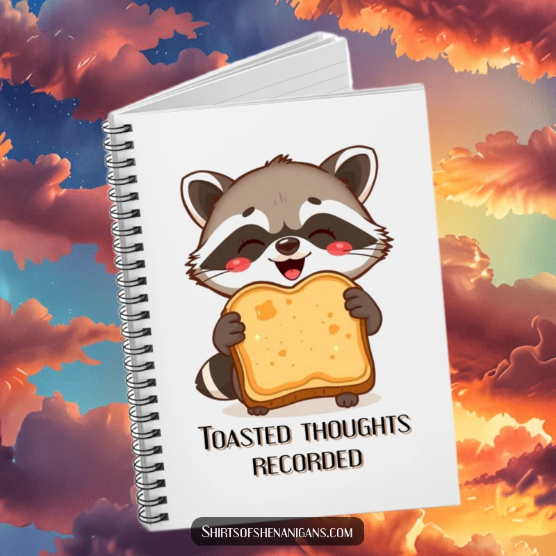 Funny Notebook: Delighted raccoon proudly holds burnt toast, perfect for creative writing and humorous notes.