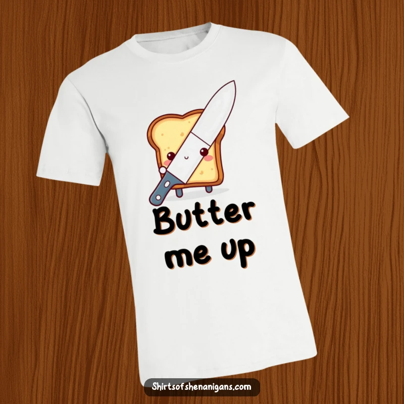 Funny shy toast t-shirt, peeking timidly from behind a giant butter knife, expressing breakfast cuteness.