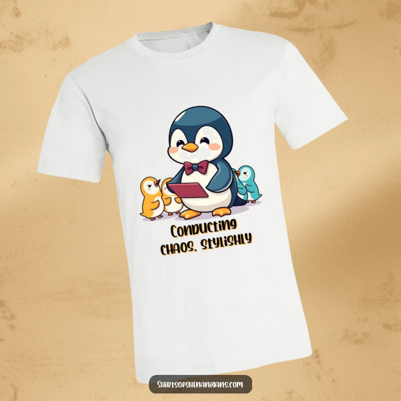 Funny t-shirt depicting a penguin wearing a bowtie, comically conducting an orchestra of squeaks with great enthusiasm.