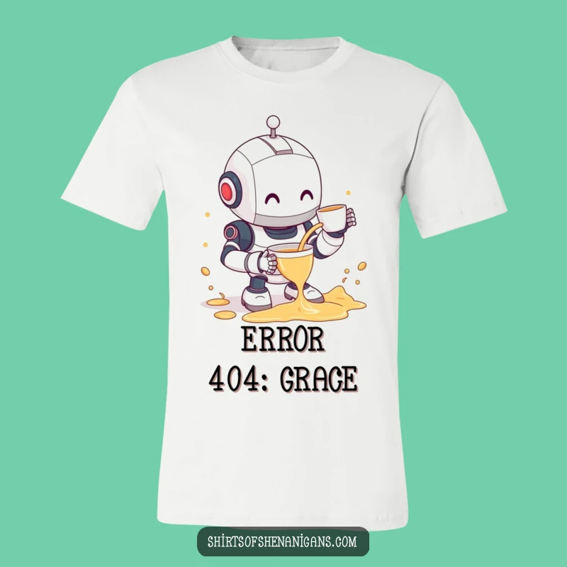 Funny Robot Tea Spill T-Shirt - Clumsy Bot & Shy Smile Shirt Gift