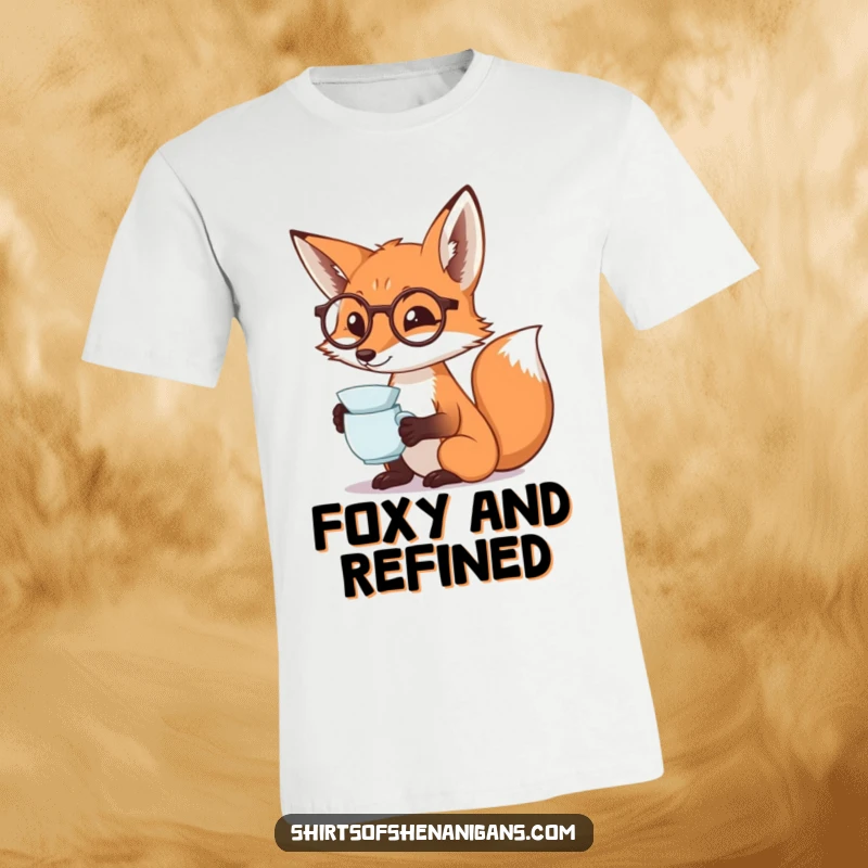 Funny fox t-shirt with a monocled fox dramatically sipping tea, ideal for a sophisticated and humorous statement.