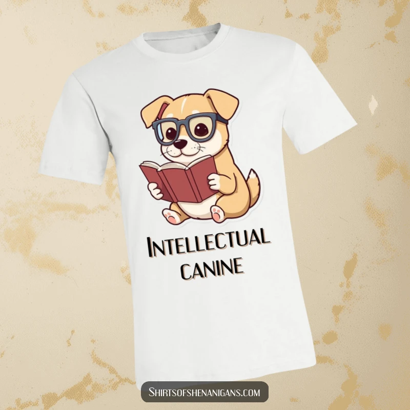 Funny t-shirt depicting a dog wearing spectacles, dramatically reading a miniature book, literary canine.