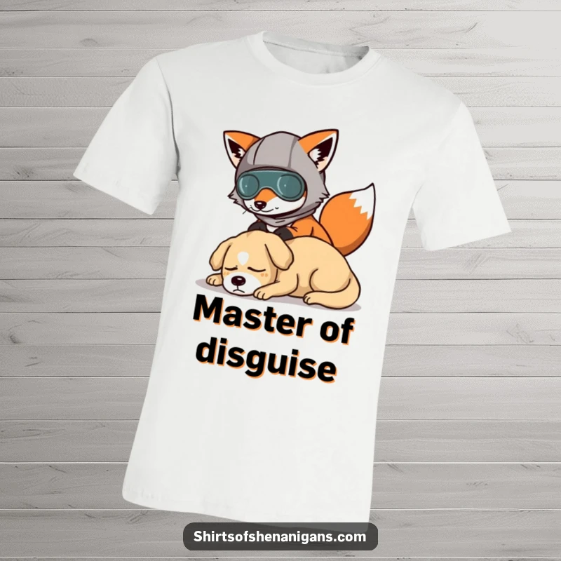 Funny t-shirt design of a fox wearing a fake mustache and hat, tiptoeing past a peacefully sleeping dog.