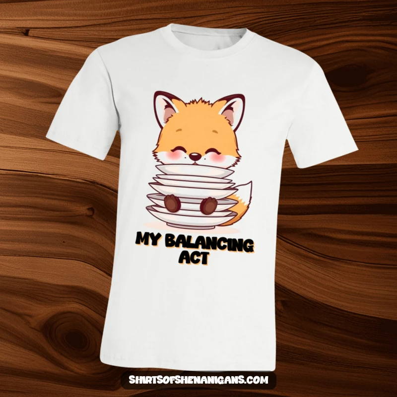 Funny T-Shirt: A cute fox cub balancing a stack of plates on its nose, a humorous and charming depiction of animal talent.