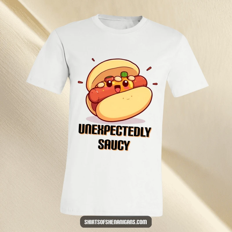 Funny t-shirt showing a surprised hot dog bun dramatically bursting with its filling, a comedic food illustration.