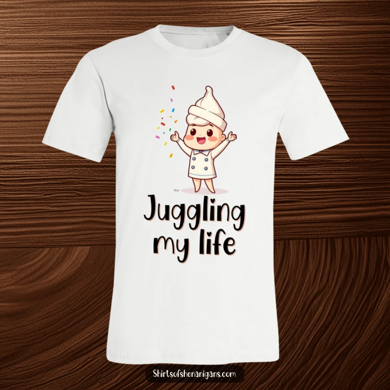 Funny ice cream cone chef t-shirt showing a happy character attempting to juggle a cascade of colorful sprinkles.