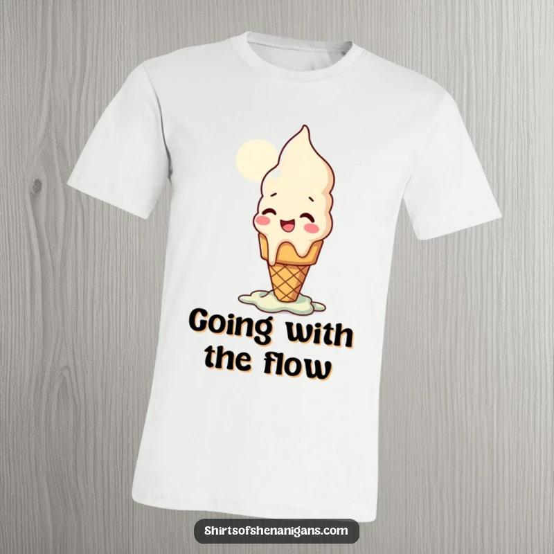 Funny t-shirt with a giggling ice cream cone literally melting away in the sun, a dramatic dessert design.