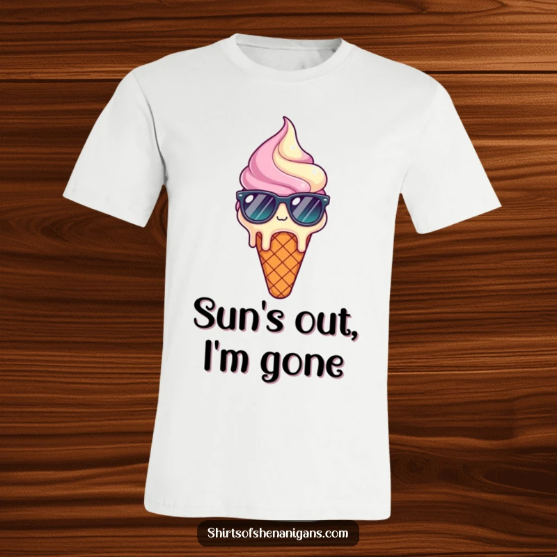 Funny T-Shirt with a melting ice cream cone wearing sunglasses, exuding a sense of sweet relief.