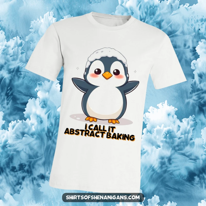 Funny T-Shirt: A clumsy penguin is covered in flour and looks confused, perfect for baking fails.