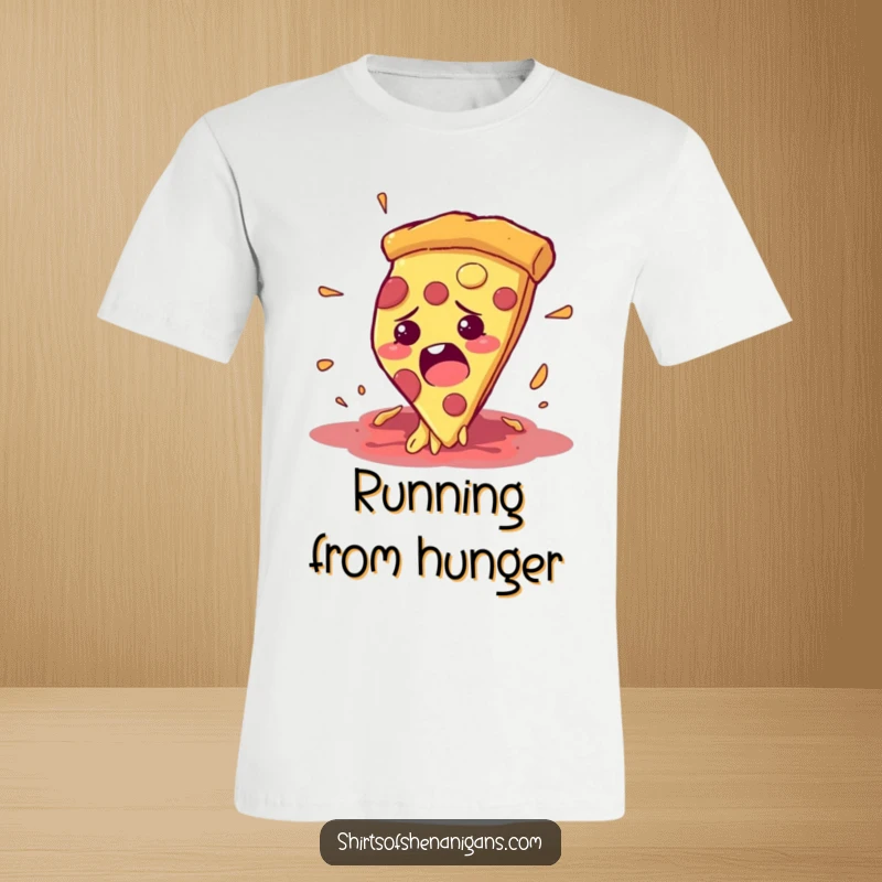 Funny t-shirt showing a bewildered pizza slice comically running away from a hungry mouth.