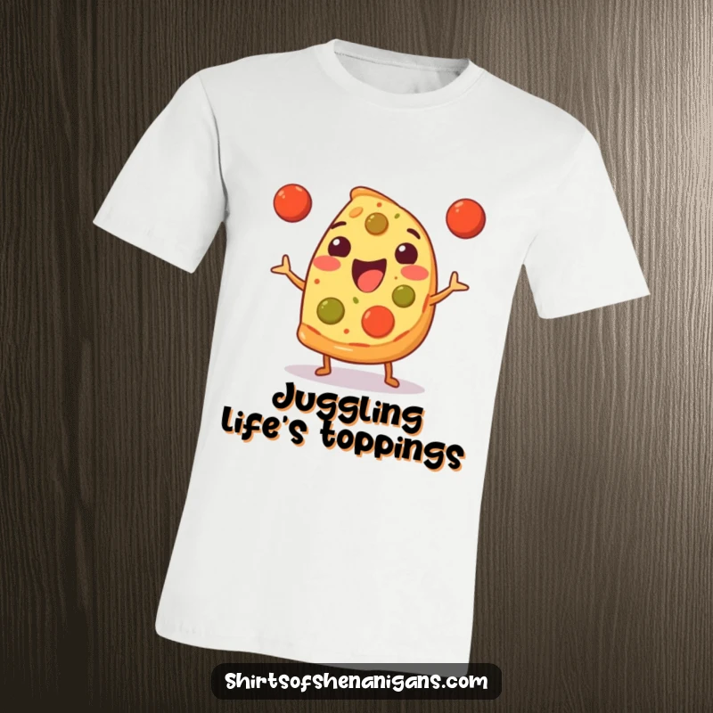 Funny T-Shirt: Happy pizza slice juggling tiny meatballs, a fun and humorous apparel for food enthusiasts.