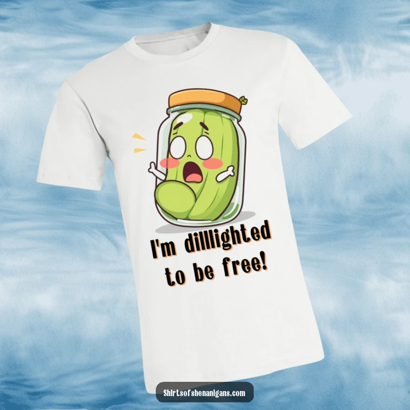 Funny shocked pickle dramatically rolling out of a jar, wearing a surprised expression on a comfortable t-shirt.