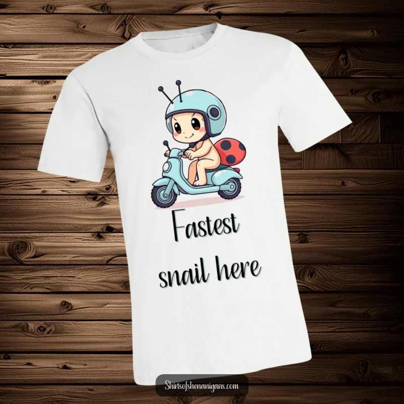 Funny snail t-shirt featuring a determined snail wearing a tiny helmet, racing a ladybug scooter, ideal for humor and determination.
