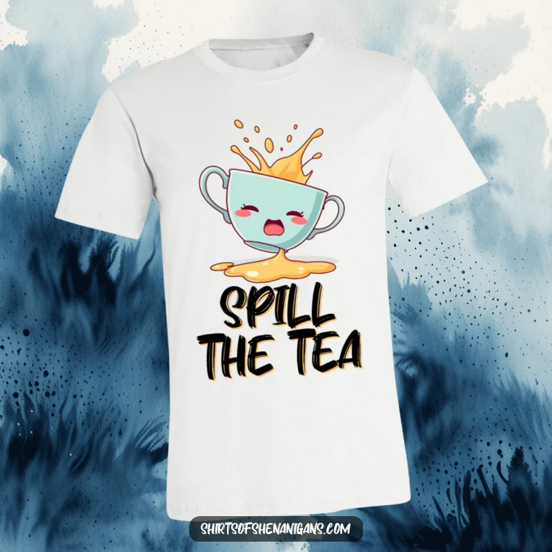 Funny T-Shirt showing a startled teacup dramatically spilling its contents, capturing a moment of shock.
