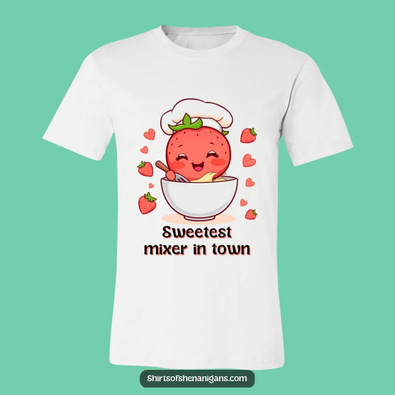 Funny Strawberry Chef T-Shirt: Cheerful Baker Mixing Batter, Ideal Funny Gift