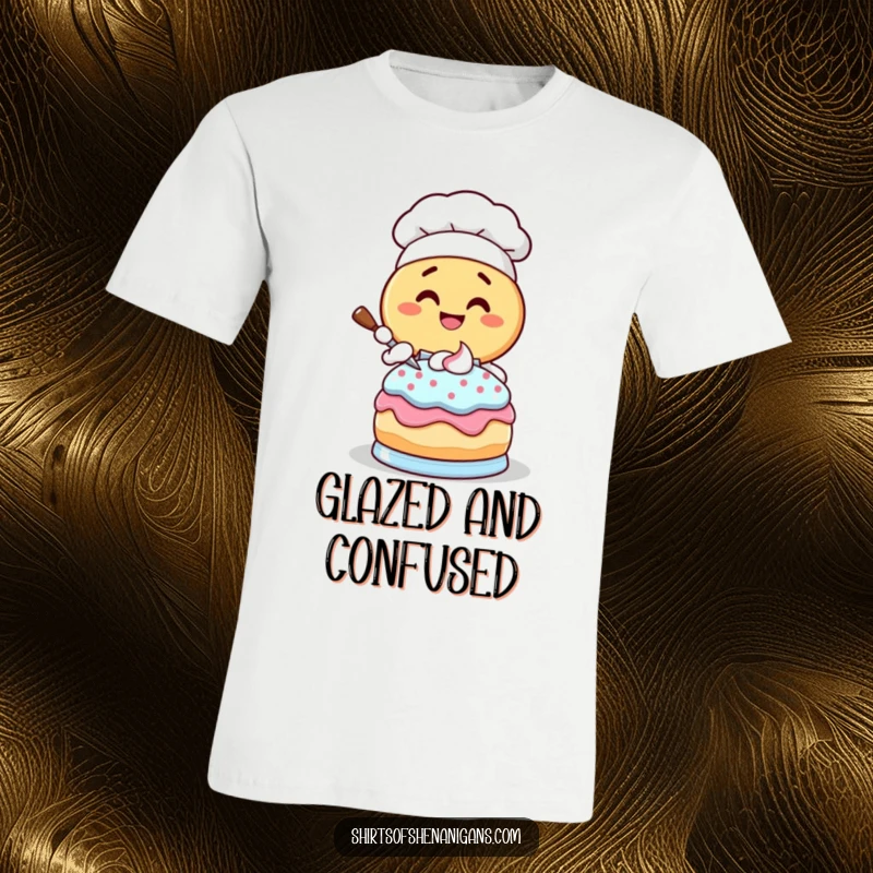 Funny Donut Chef T-Shirt: Giggling donut character joyfully frosting a cake with a big smile.