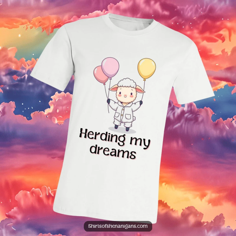 Funny T-shirt showing a sheep wearing cozy pajamas, comically herding floating balloons with a look of gentle determination.