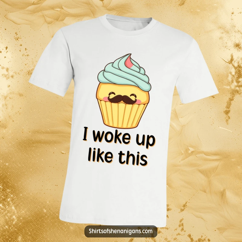 Funny t-shirt featuring a laughing cupcake applying a mustache to itself, embodying sweet mischief and dessert joy.