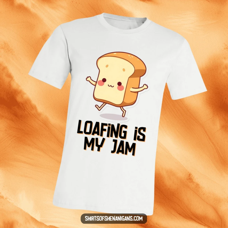 Funny dancing loaf of bread with tiny legs tapping its feet on a t-shirt, showcasing joyful baked goods.