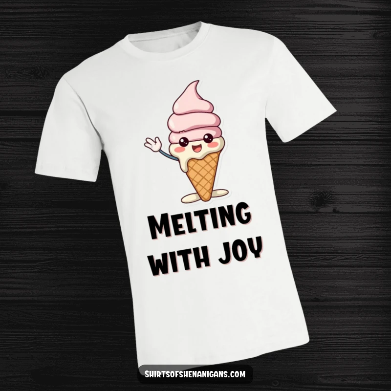 Funny ice cream cone t-shirt showing a cheerful character slightly melting while waving excitedly, a fun and sweet apparel choice.
