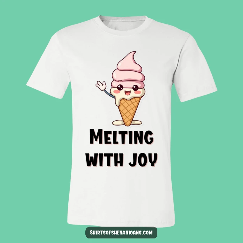 Funny Ice Cream Cone T-Shirt - Cheerful Melting Character & Waving Gift