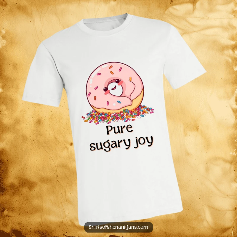 Funny T-Shirt: Plump donut giggling while rolling into a pile of sprinkles, a fun and humorous apparel.