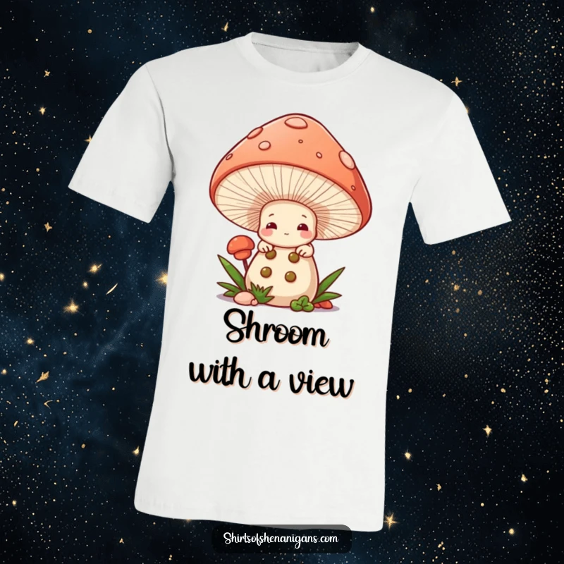Funny Mushroom Chef T-Shirt: Shy mushroom character peeking from under a large mushroom cap.