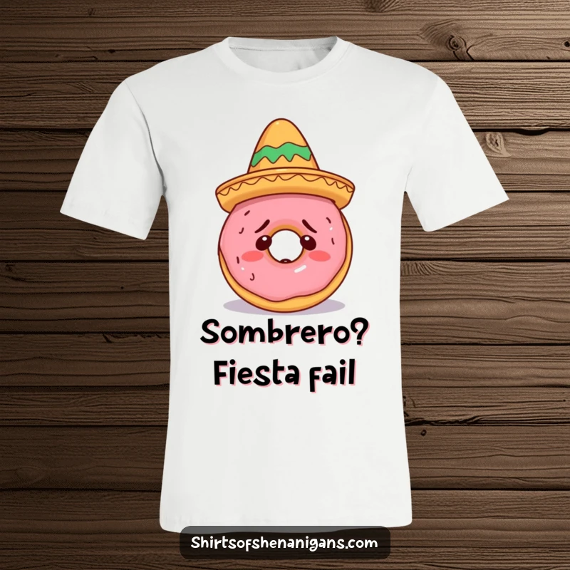 Funny Doughnut Sombrero T-Shirt depicting a bewildered doughnut wearing a miniature sombrero, a comical food-themed funny gift.