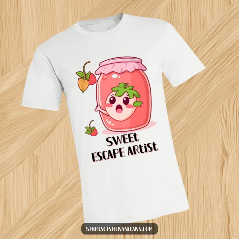 Funny T-Shirt: Surprised strawberry escaping a giant jam jar, a humorous and playful apparel item.