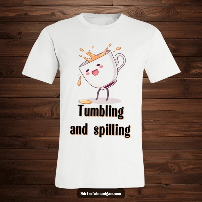 Funny t-shirt with a teacup doing a cartwheel and spilling tea, celebrating clumsiness with a humorous and energetic vibe.