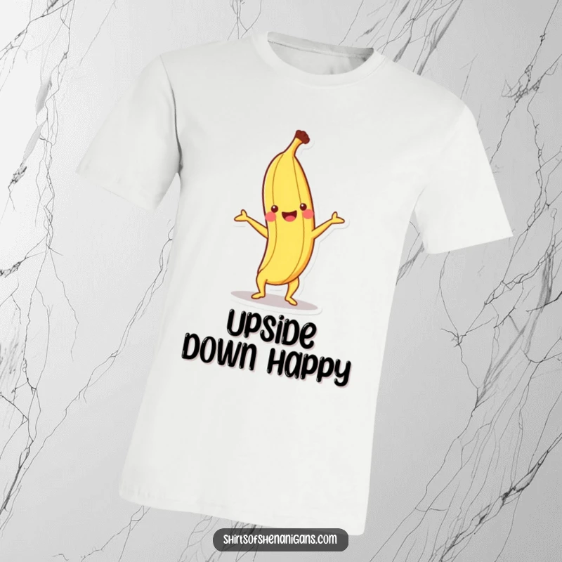 Funny T-Shirt with a happy banana doing a handstand, full of energy and joy.