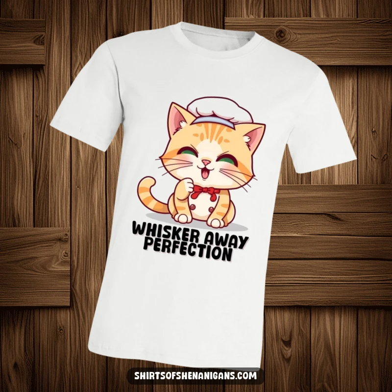Funny Cat Chef T-Shirt: Playful cartoon cat batting at its whisker, wearing a chef hat and apron.