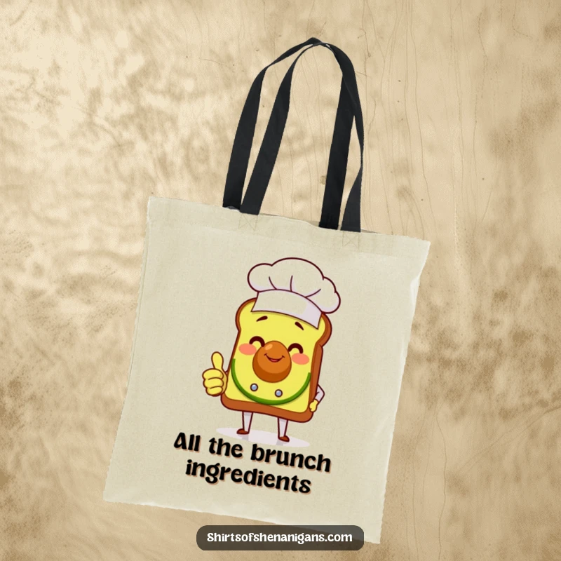 Funny avocado toast chef with a confident thumbs up, depicted on a durable tote bag, ready for errands and laughs.