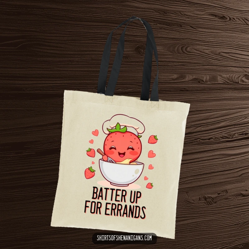 Funny Strawberry Chef Tote Bag: Cheerful cartoon strawberry mixing batter, a vibrant and funny accessory.
