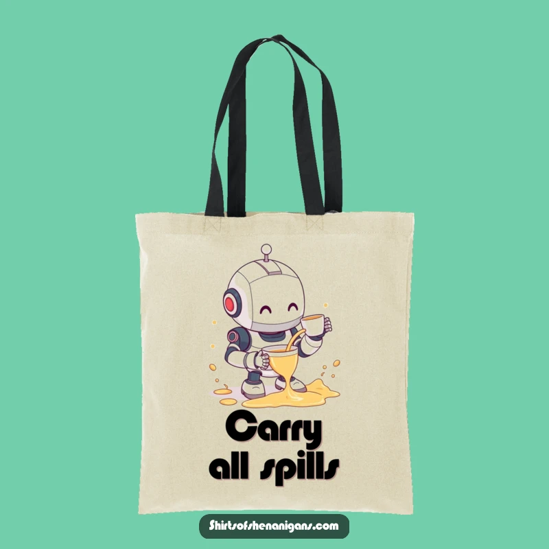 Funny Robot Tea Spill Tote Bag - Clumsy Bot & Shy Smile Carryall Gift